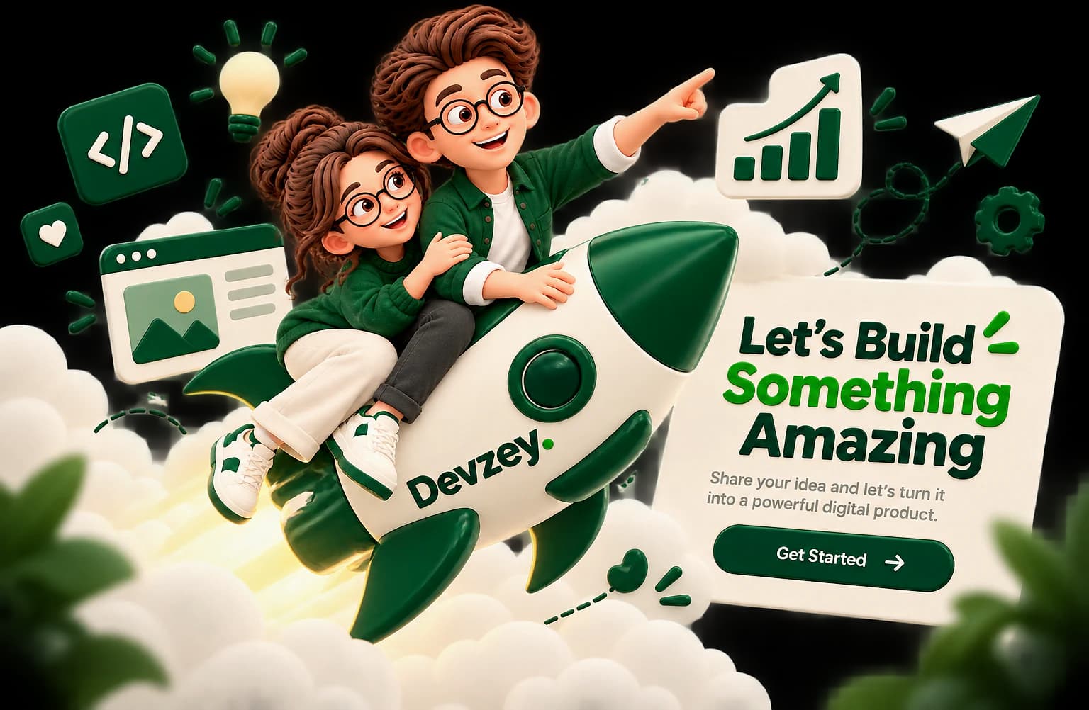 Devzey developers riding a rocket: let's build something amazing