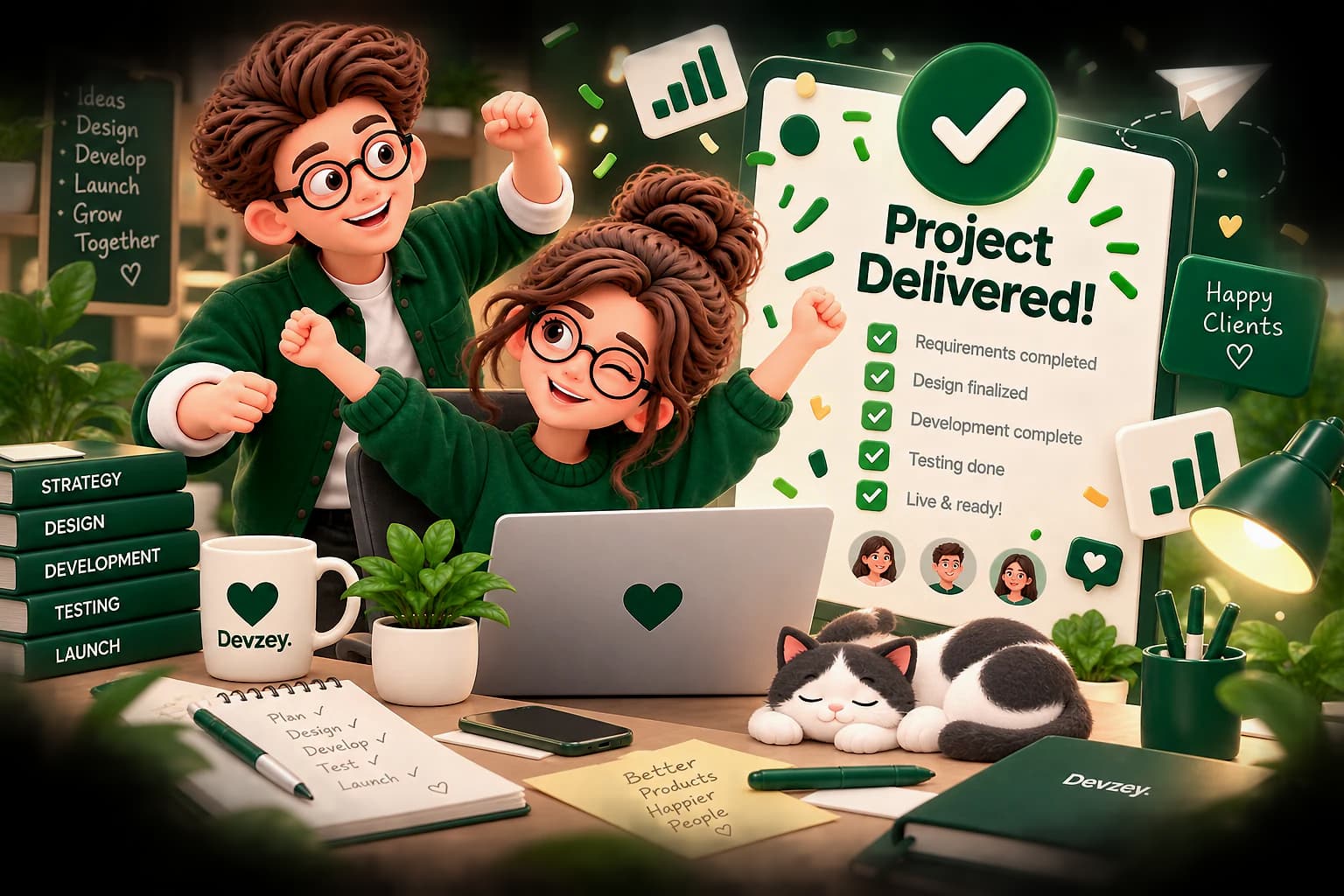Devzey team celebrating a delivered client project